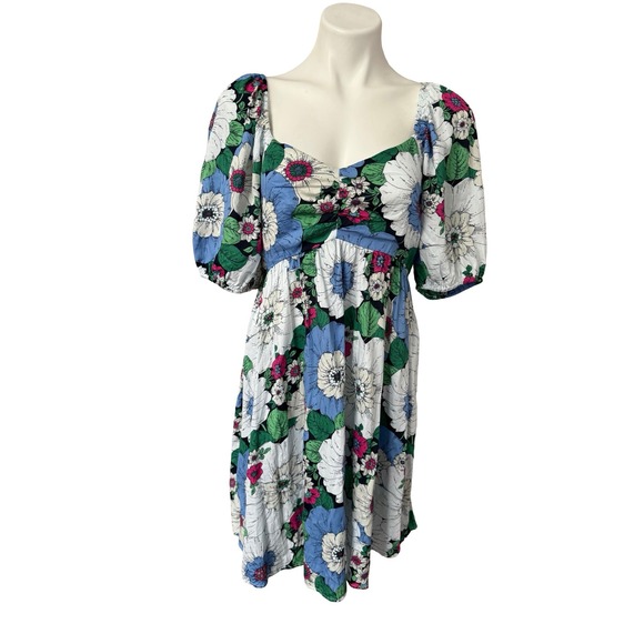 GAP Dresses & Skirts - Gap Floral Smocked Back Puff Sleeve Mini Dress Blue Pink Pockets Cotton Womens M